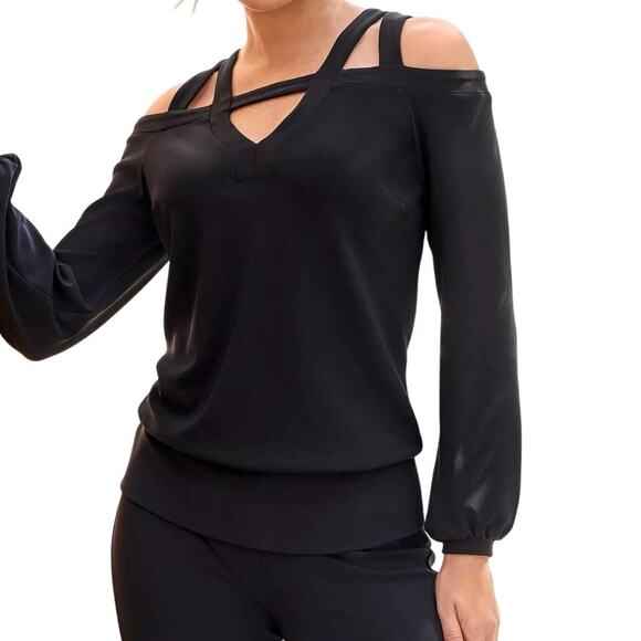 Boston Proper Cold Shoulder Double Strap Black Top Women’s Medium - Picture 1 of 6